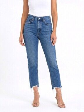 Agolde Riley High Rise Straight Raw Hem Crop Jeans Medium Wash Size 24